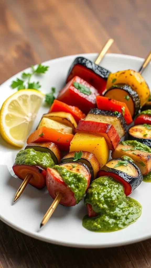 Grilled vegetable skewers with chimichurri sauce served on a plate.