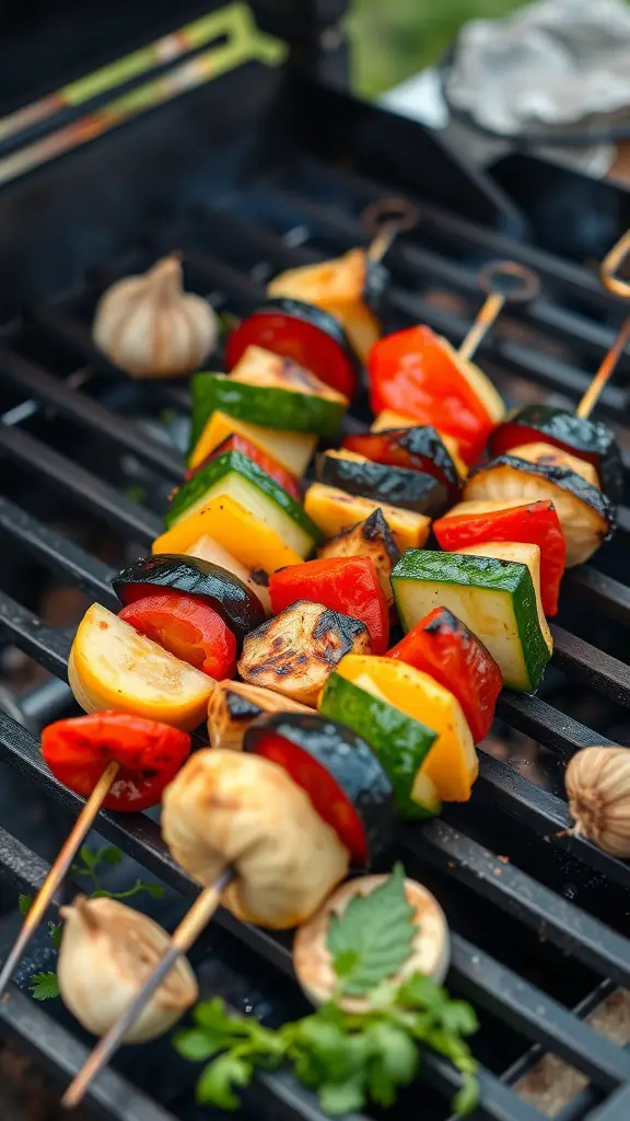 Colorful grilled vegetable skewers with garlic marinade on a grill.