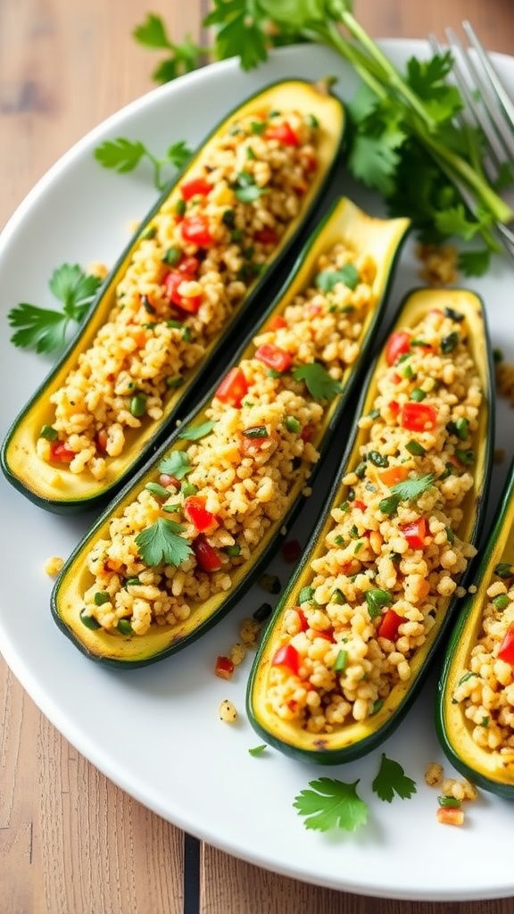 Grilled zucchini boats filled with quinoa and vegetables, garnished with cilantro.