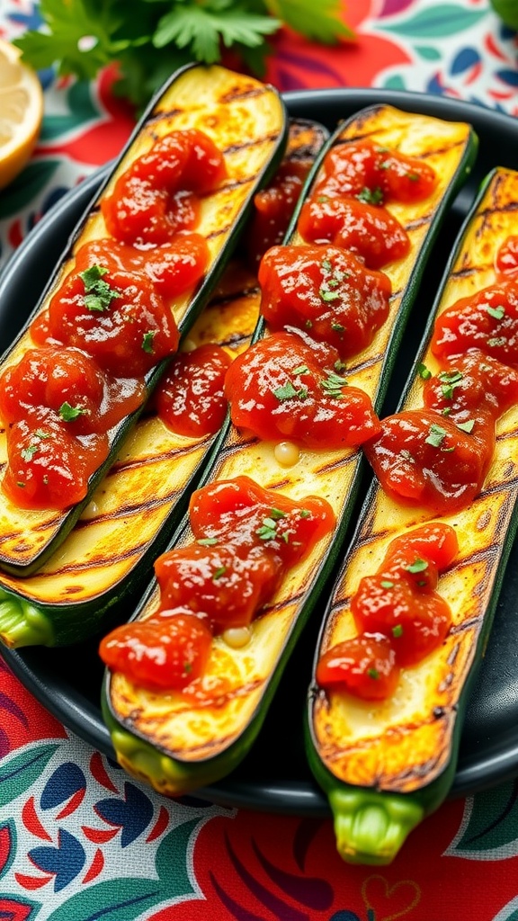 Plate of grilled zucchini halves topped with chimichurri sauce