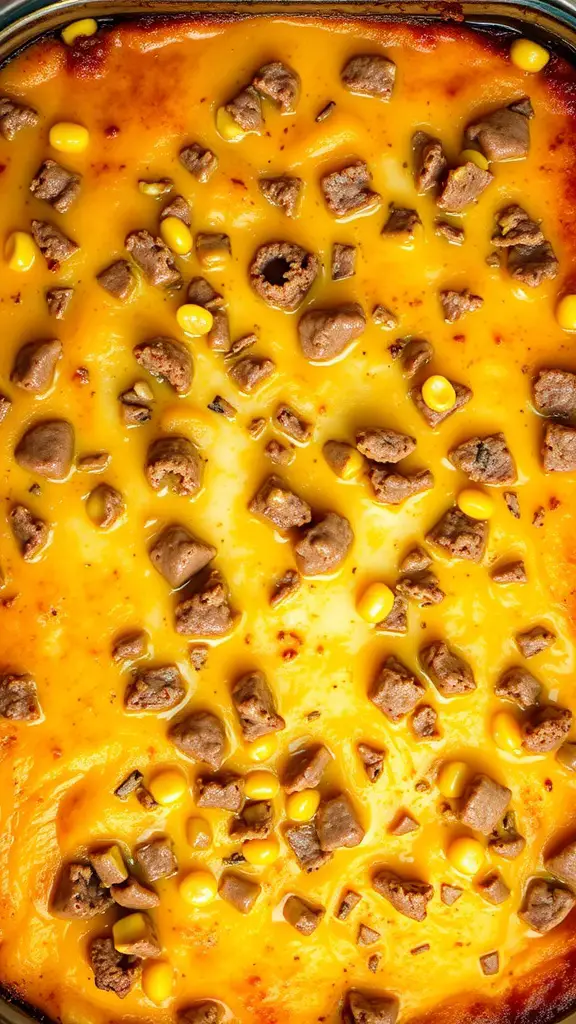 Ground beef and corn casserole topped with cheese