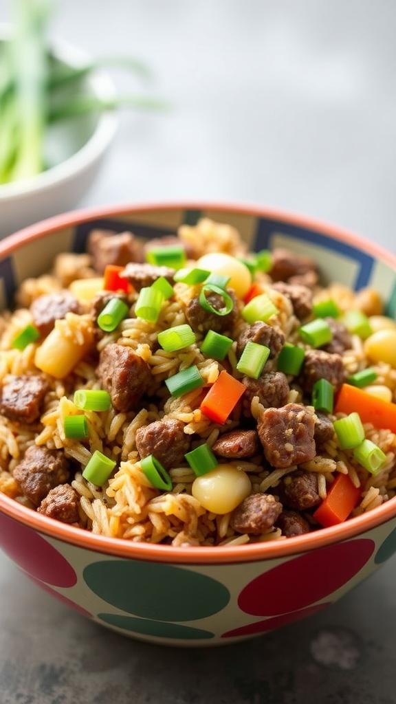 Bowl of ground beef fried rice topped with green onions