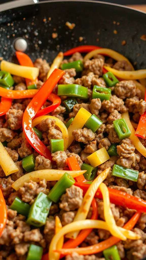 Ground beef stir-fry with colorful vegetables in a skillet