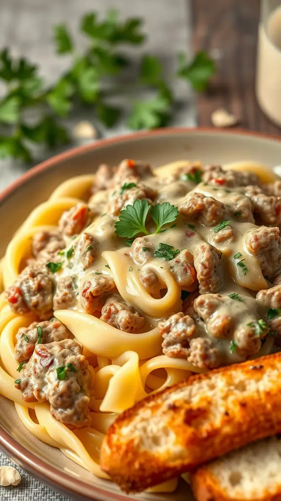 A delicious bowl of ground beef stroganoff served over egg noodles, garnished with parsley and accompanied by toasted bread.