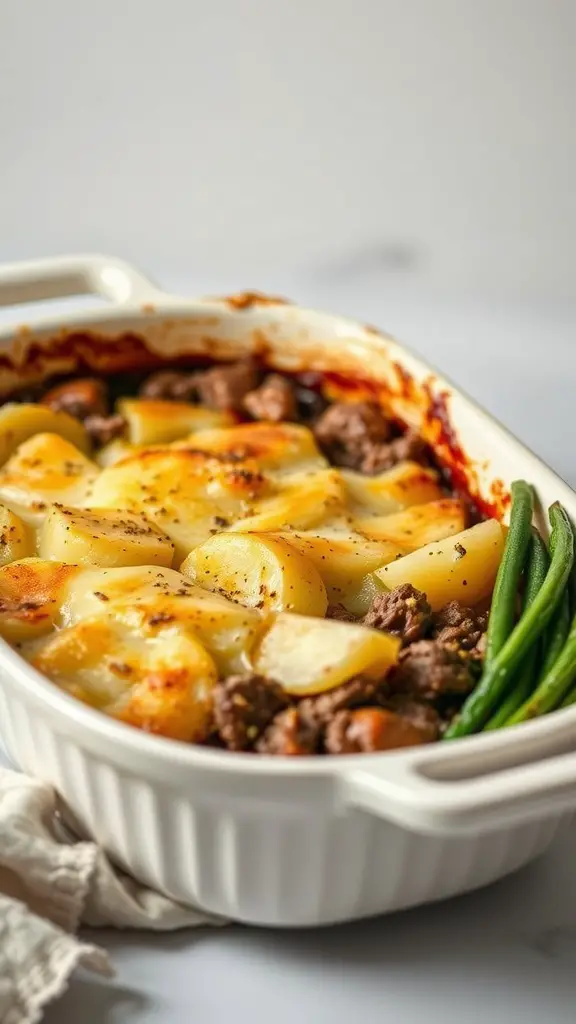 A delicious beef and potato casserole baked to perfection.