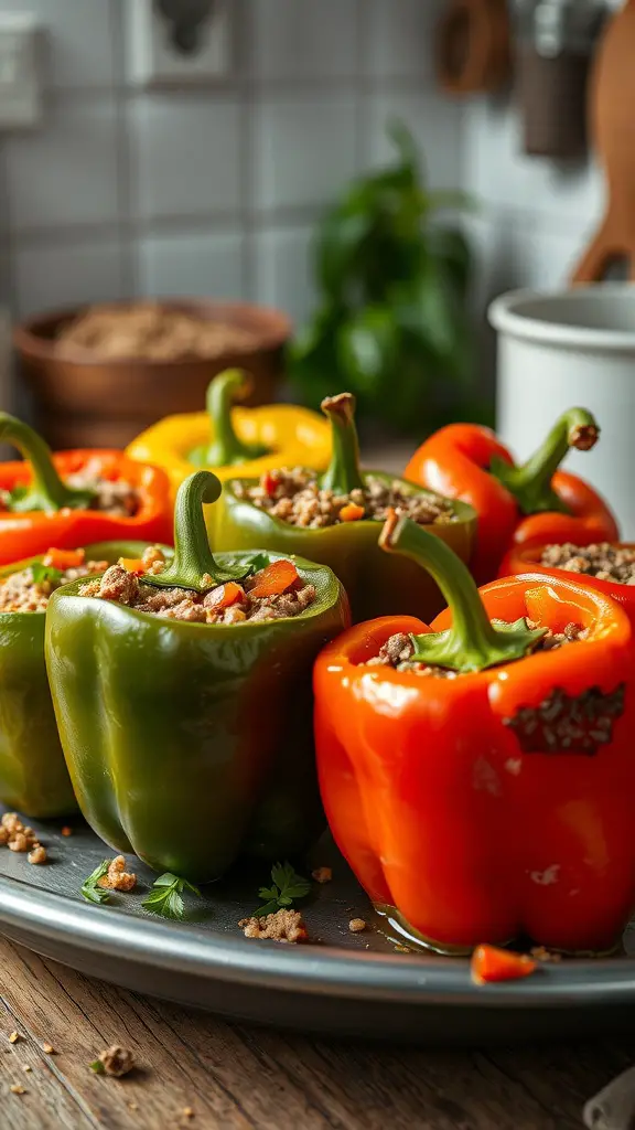 Colorful stuffed peppers filled with ground beef and quinoa.
