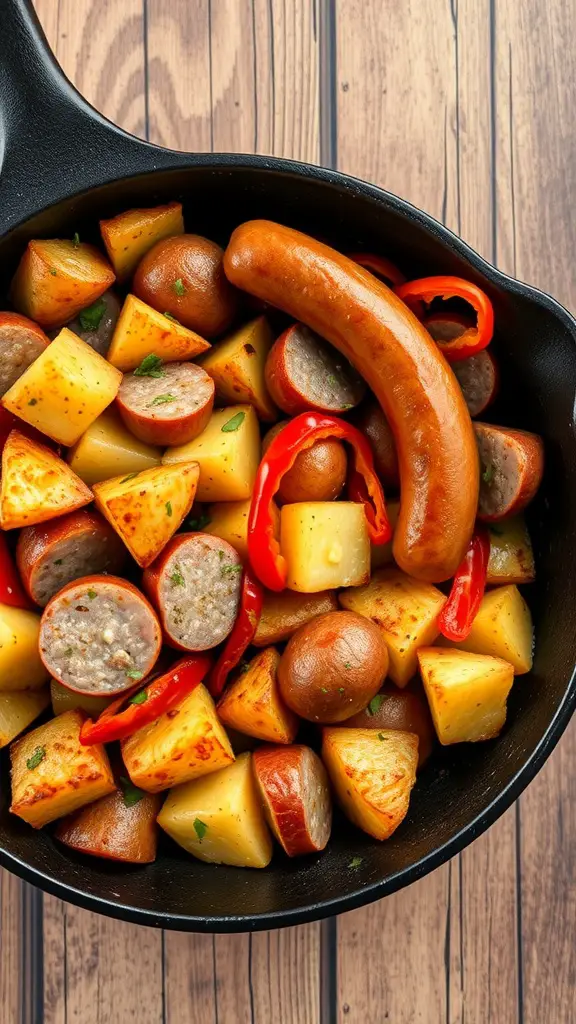 A hearty breakfast hash featuring crispy potatoes, sausage slices, and colorful bell peppers, all cooked together.