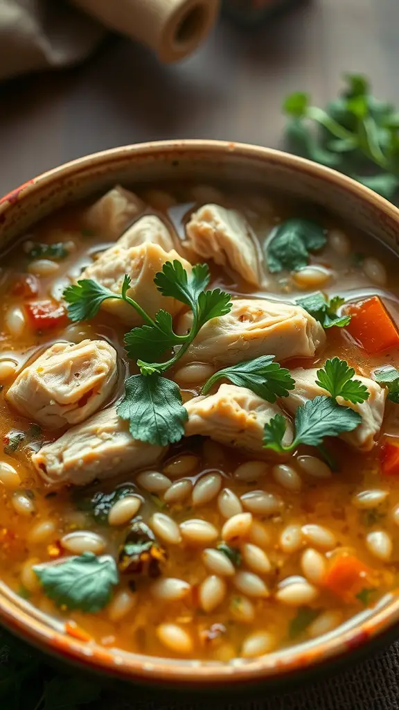 A bowl of hearty chicken and barley soup garnished with fresh herbs.