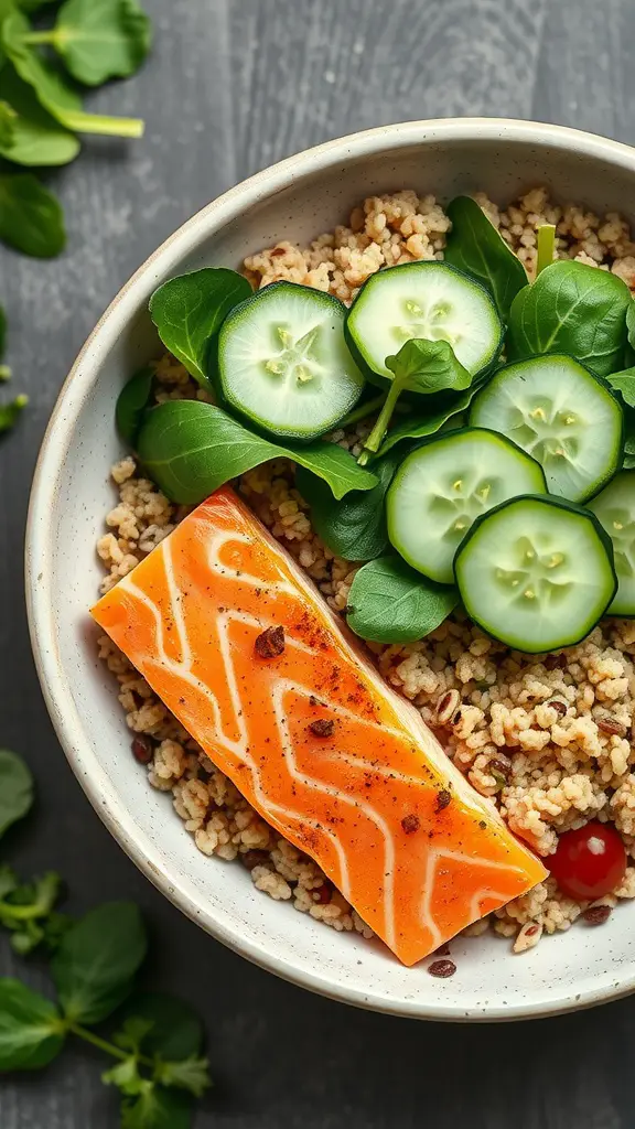 A hearty salmon and quinoa bowl featuring fresh spinach, cucumber slices, and vibrant colors.