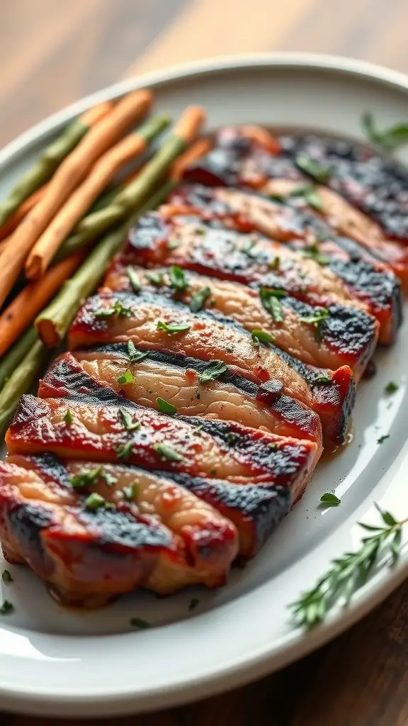 A beautifully grilled herb-crusted beef tenderloin served with vegetables.