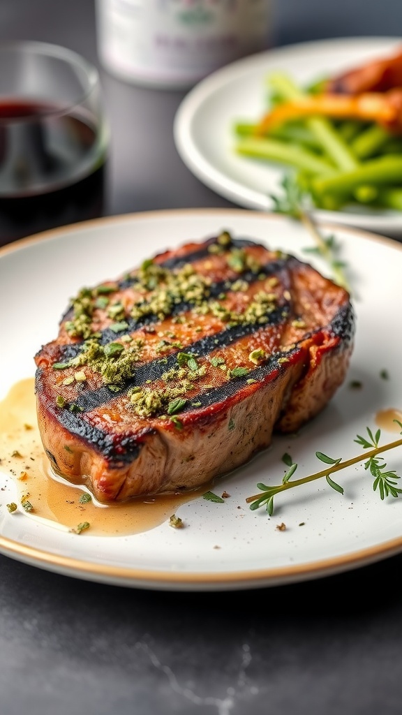 A perfectly cooked herb-crusted filet mignon on a plate with garnishes.