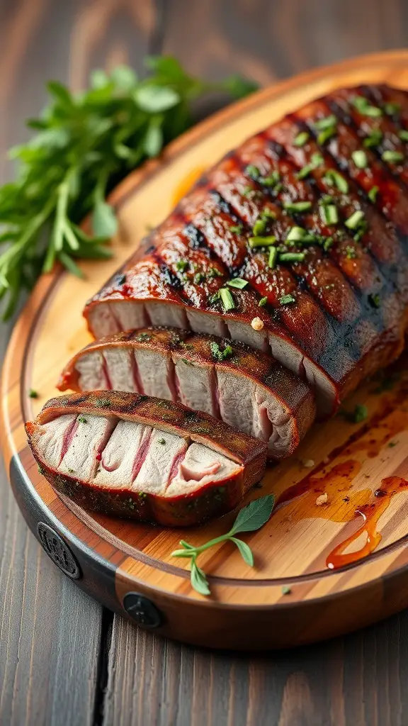 Herb-crusted grilled beef tenderloin sliced and garnished with fresh herbs on a wooden platter.