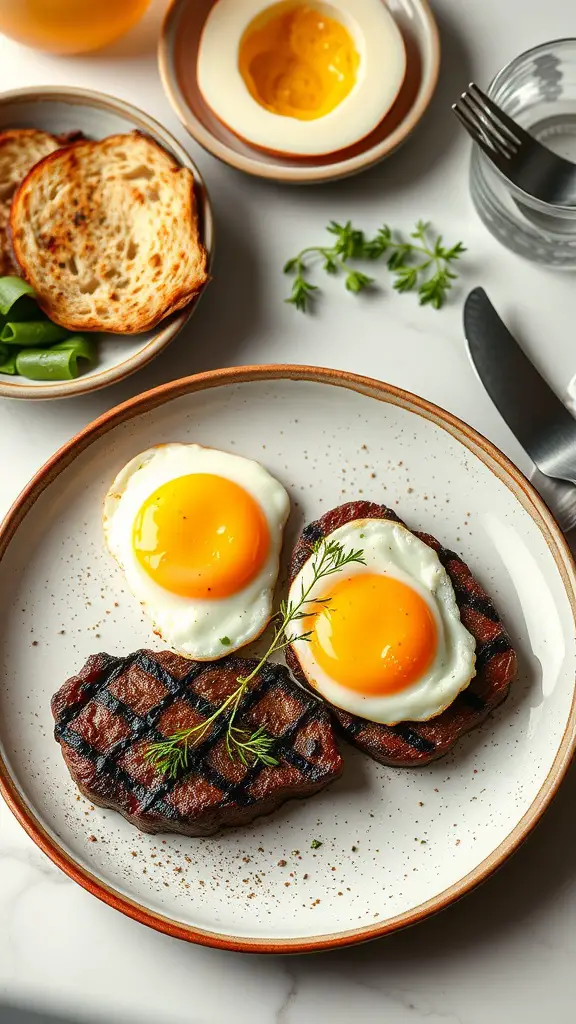 A plate featuring herb-crusted steak and eggs, garnished with herbs and served with toast and greens.