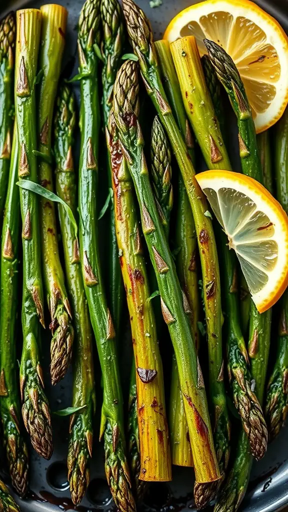 A plate of grilled asparagus infused with herbs and lemon slices
