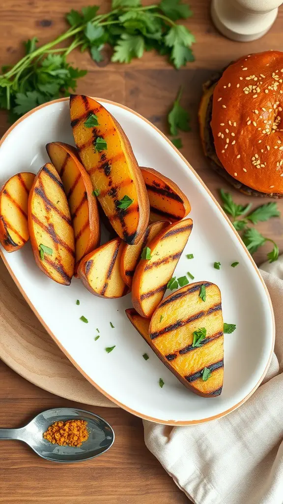 Plate of herb-infused grilled potato wedges garnished with parsley.