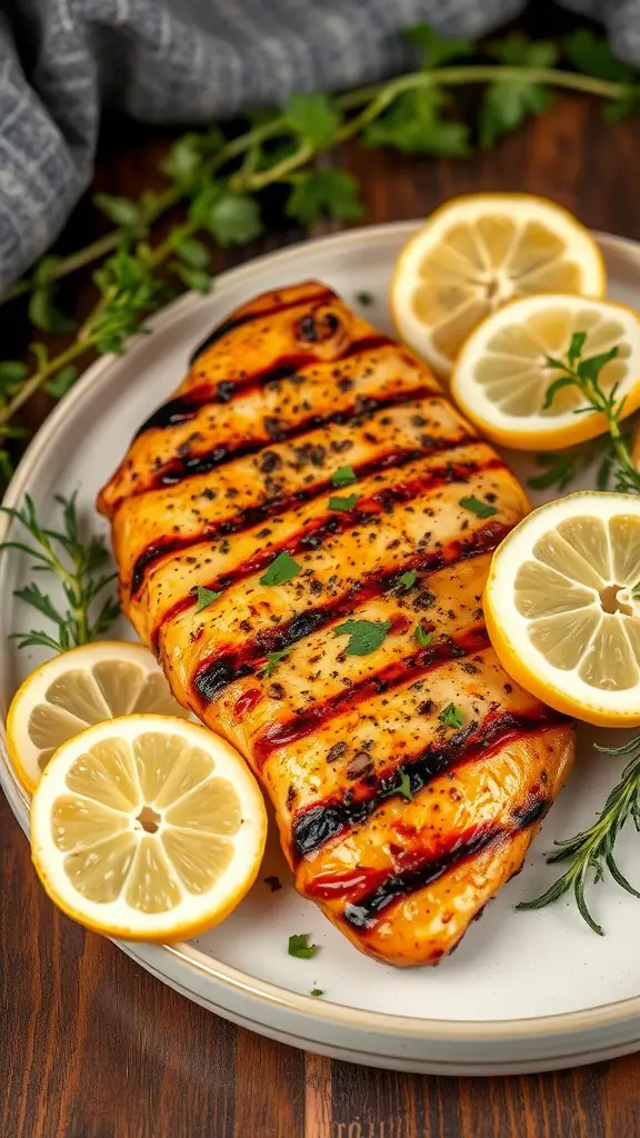 Grilled chicken breast garnished with lemon slices and herbs