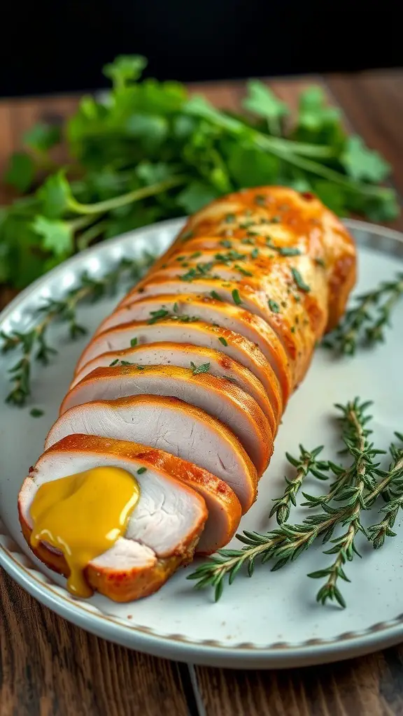 Sliced Herbed Dijon Pork Loin with herbs on a plate