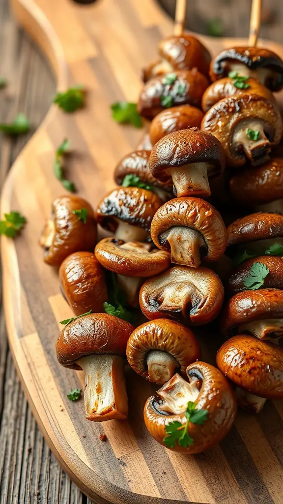Grilled herbed garlic mushrooms on skewers arranged on a wooden platter.