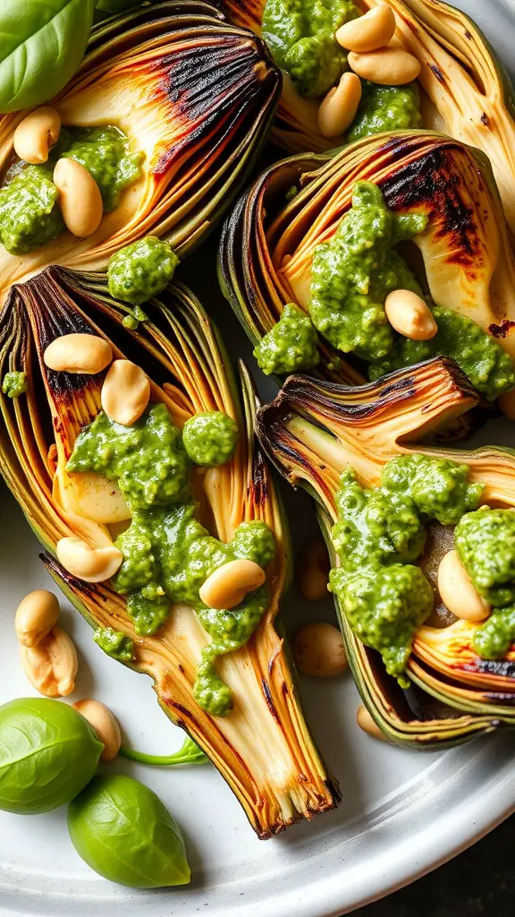 Grilled artichokes with herbed pesto and pine nuts