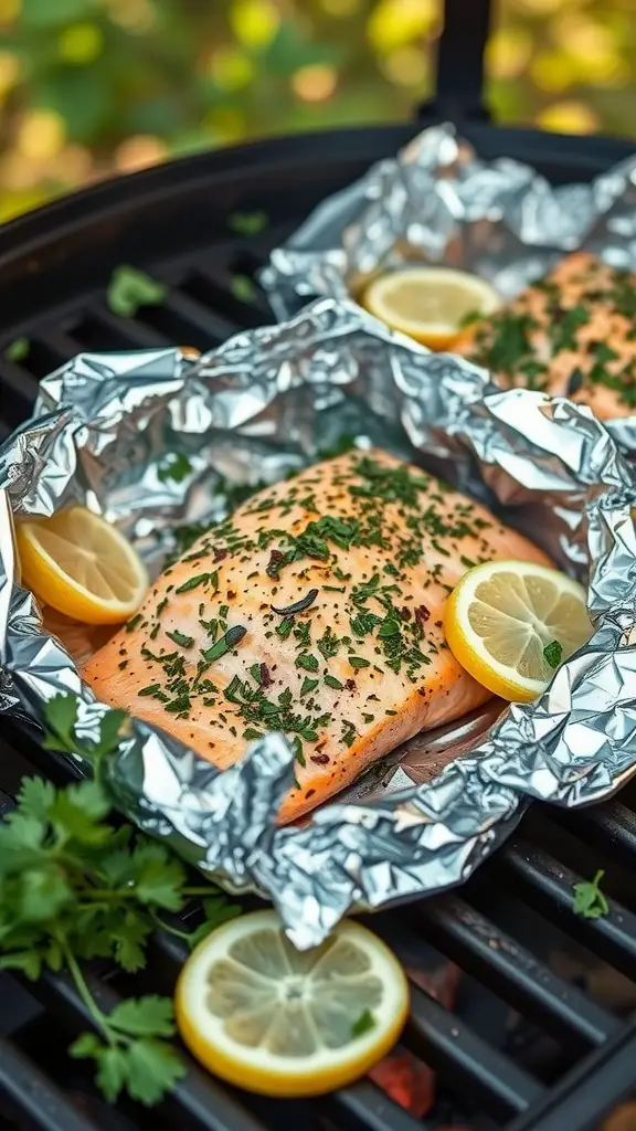 Herbed salmon foil packets with spices and lemon slices