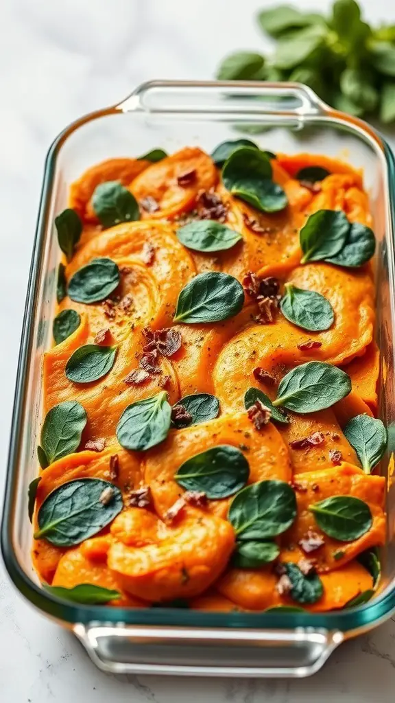 A creamy herbed sweet potato and spinach bake, garnished with fresh spinach leaves.