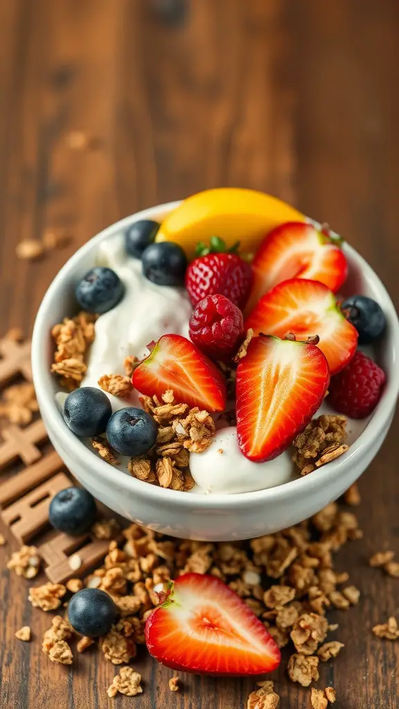 Bowl of homemade granola with yogurt and fresh fruits