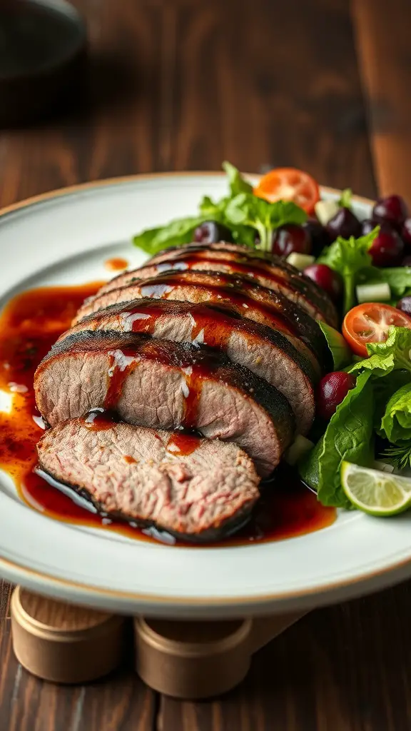 A beautifully grilled beef tenderloin sliced and drizzled with honey balsamic glaze, served with a fresh salad.
