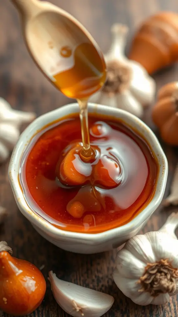 A bowl of honey garlic barbecue sauce with a drizzle of honey on top.