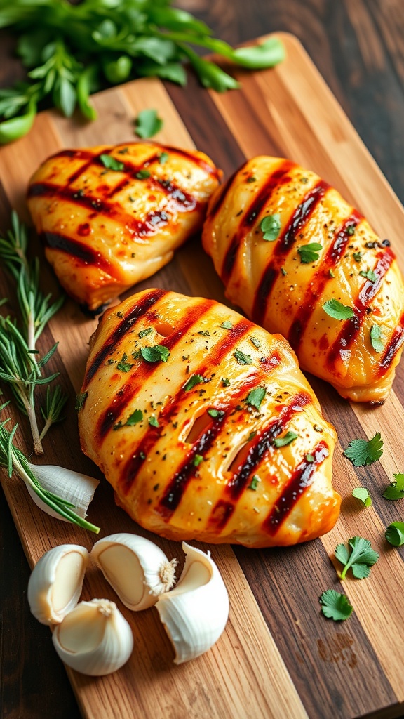 Grilled honey garlic BBQ chicken breasts garnished with herbs