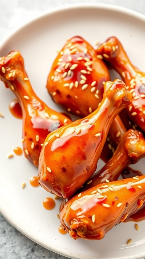 A plate of honey garlic chicken drumsticks drizzled with sauce and garnished with sesame seeds.