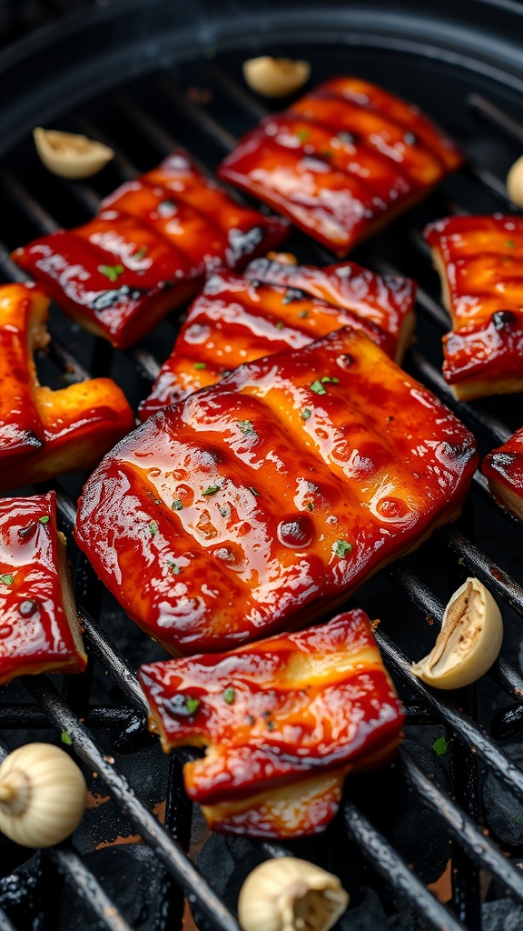 Honey garlic glazed pork belly on a grill, coated in a shiny sauce.