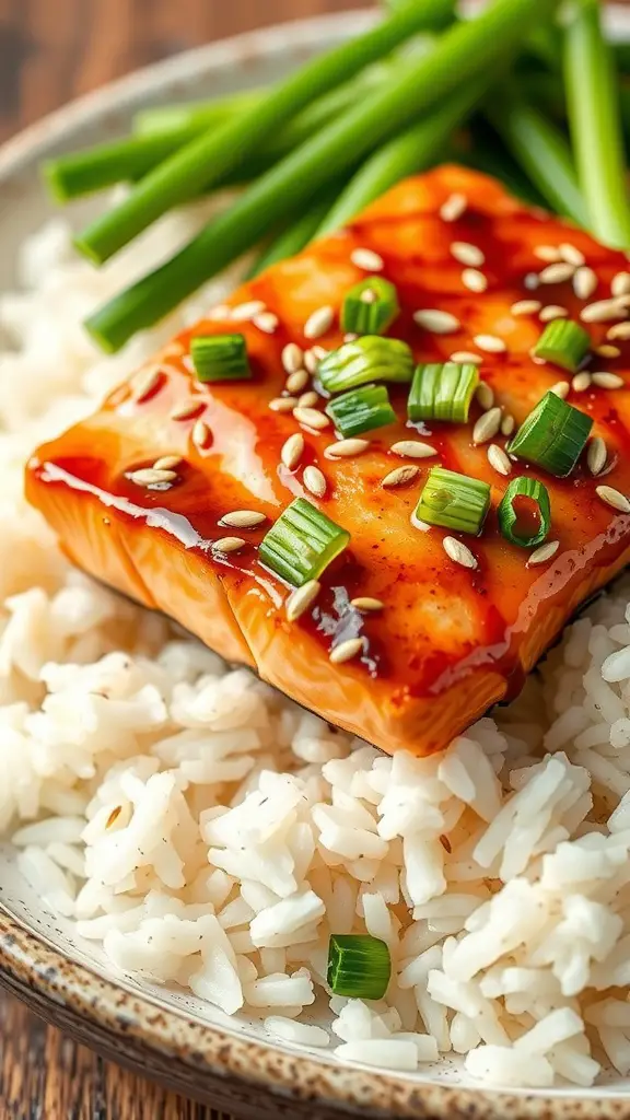 Honey Garlic Teriyaki Salmon served over rice with green onions
