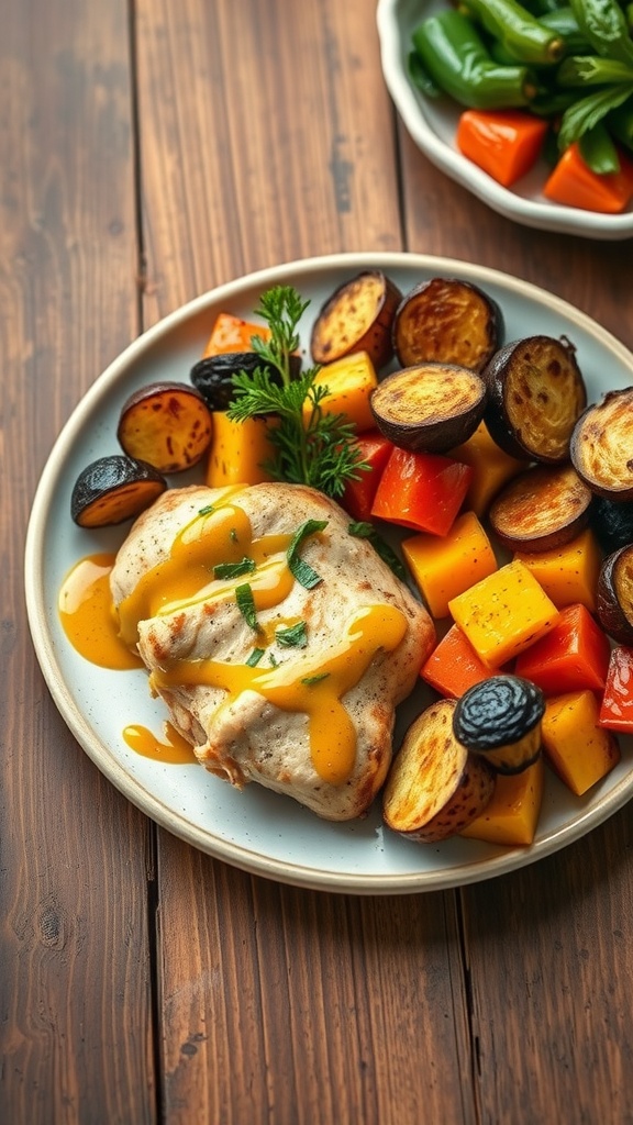 Honey mustard chicken with various colorful vegetables on a plate.