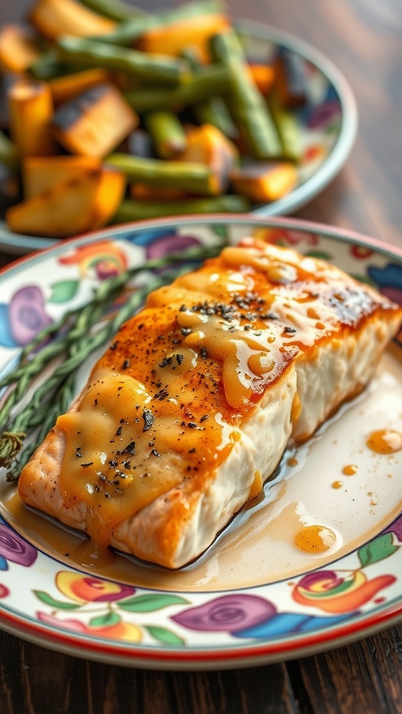 A beautifully glazed salmon fillet with honey mustard sauce served on a colorful plate.