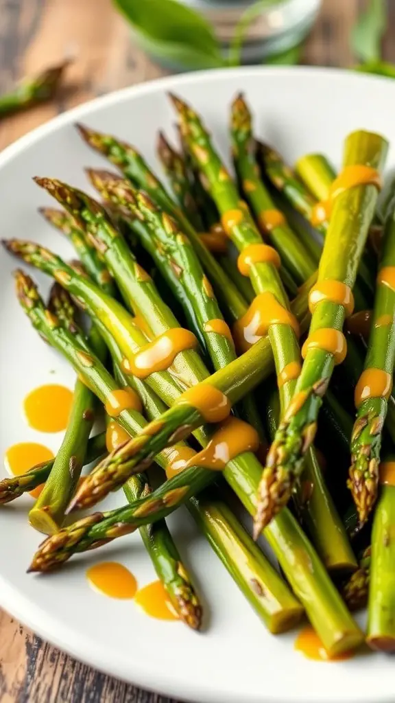 Grilled asparagus drizzled with honey mustard sauce