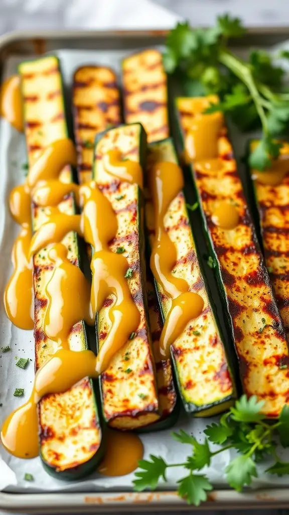 Grilled zucchini slices drizzled with honey mustard sauce