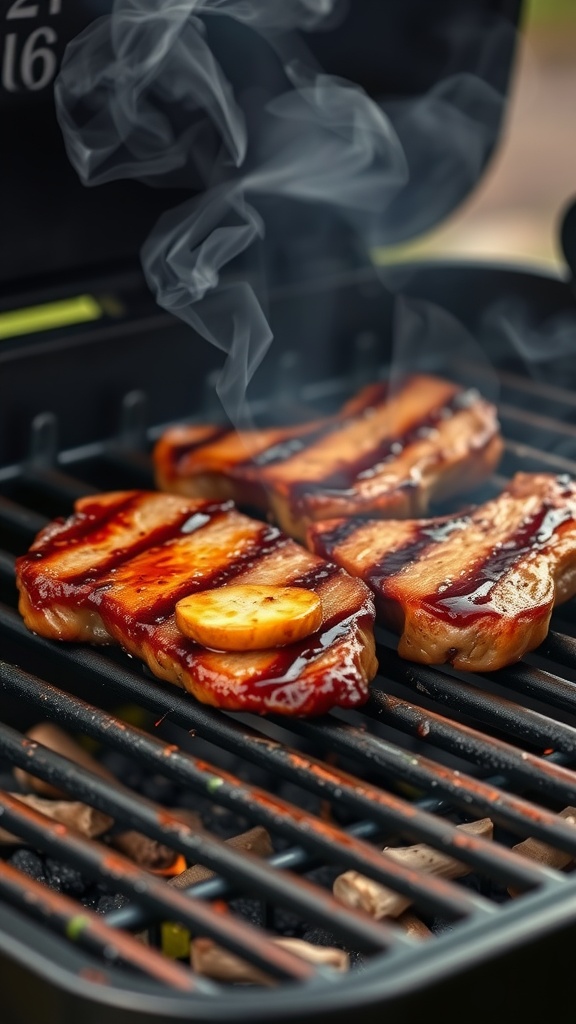 Delicious honey soy glazed pork chops grilling on the barbecue