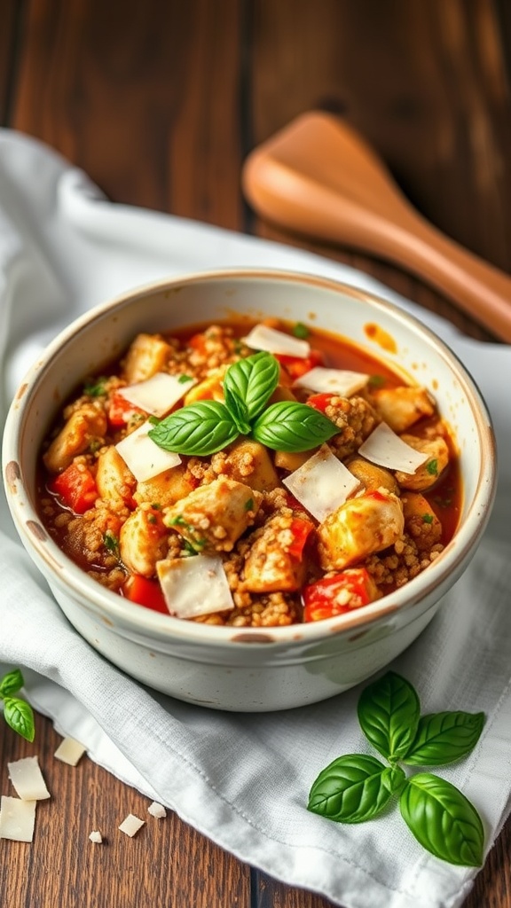 A hearty bowl of Italian Chicken and Quinoa Stew garnished with fresh basil.