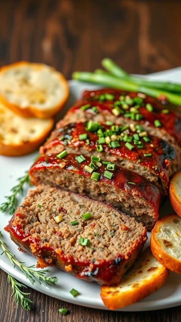 Delicious Italian Herb BBQ Meatloaf sliced and garnished with green onions