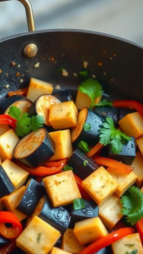 A colorful stir-fry featuring Japanese eggplant and tofu.