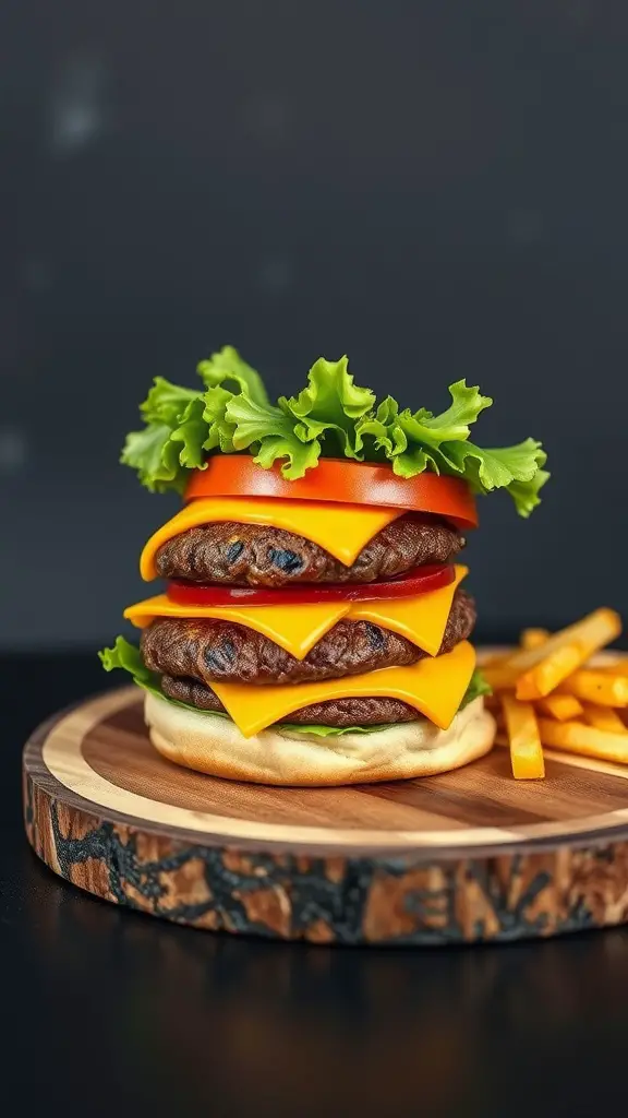 A deliciously stacked beef burger with cheese, lettuce, and tomato.