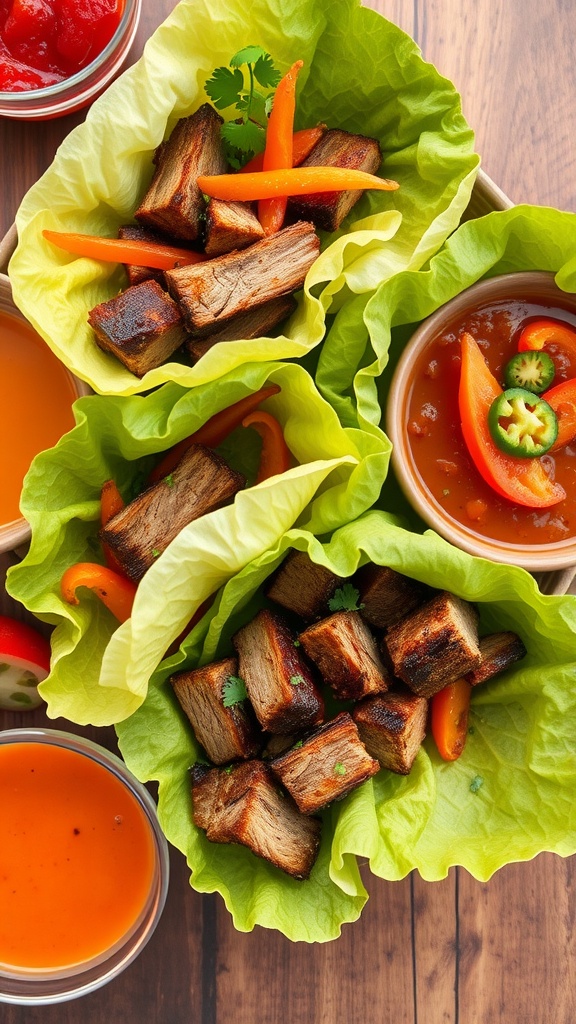 Korean BBQ pork belly lettuce wraps with colorful bell peppers
