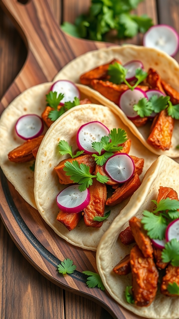 Korean spicy pork belly tacos topped with cilantro and radishes.
