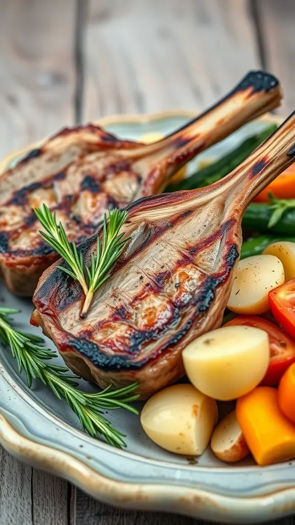 Delicious lamb chops grilled to perfection with rosemary and garlic seasoning, served with a side of colorful vegetables.