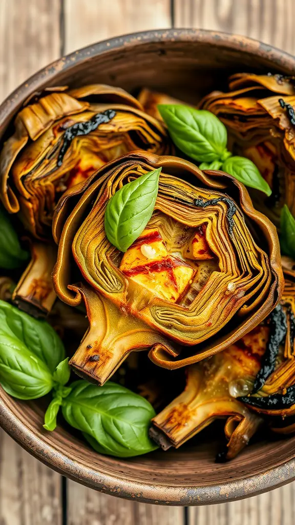 Grilled artichokes garnished with basil