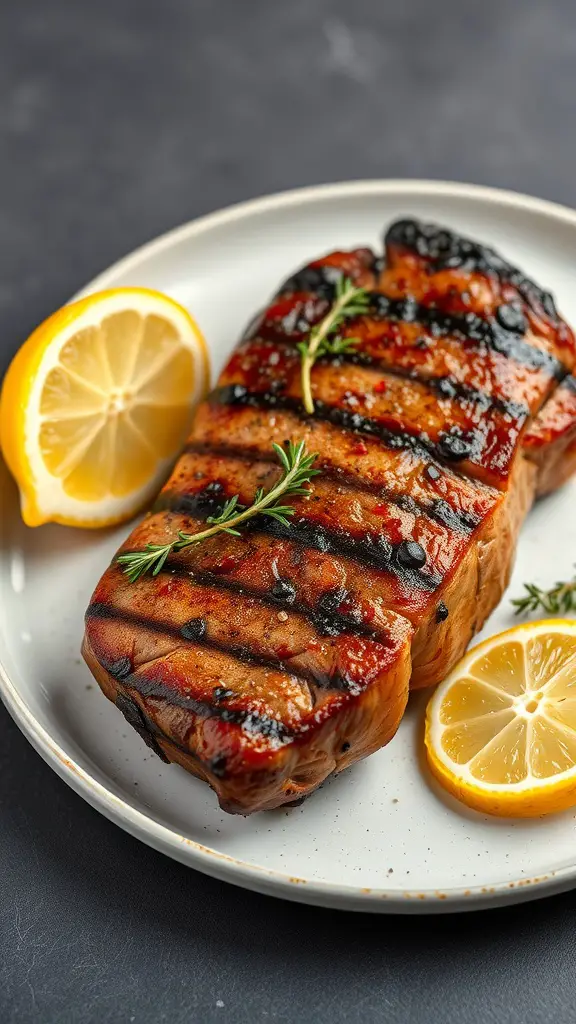 Grilled sirloin steak garnished with lemon and thyme