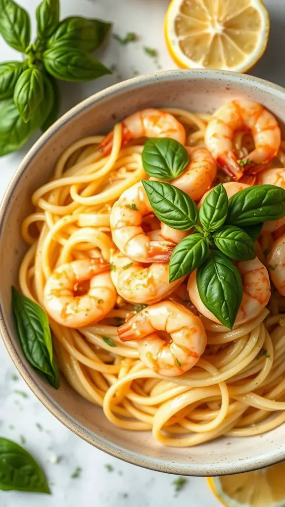 A bowl of Lemon Basil Shrimp Linguine topped with fresh basil leaves and shrimp.