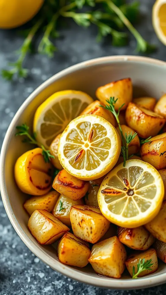 Delicious lemon dill grilled baby potatoes garnished with lemon slices and herbs.