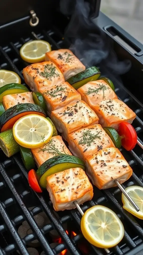 Grilled Lemon Dill Salmon Kebabs with colorful vegetables