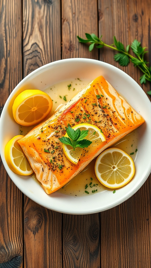 A beautifully plated Lemon Garlic Butter Salmon with lemon slices and parsley on a wooden table.